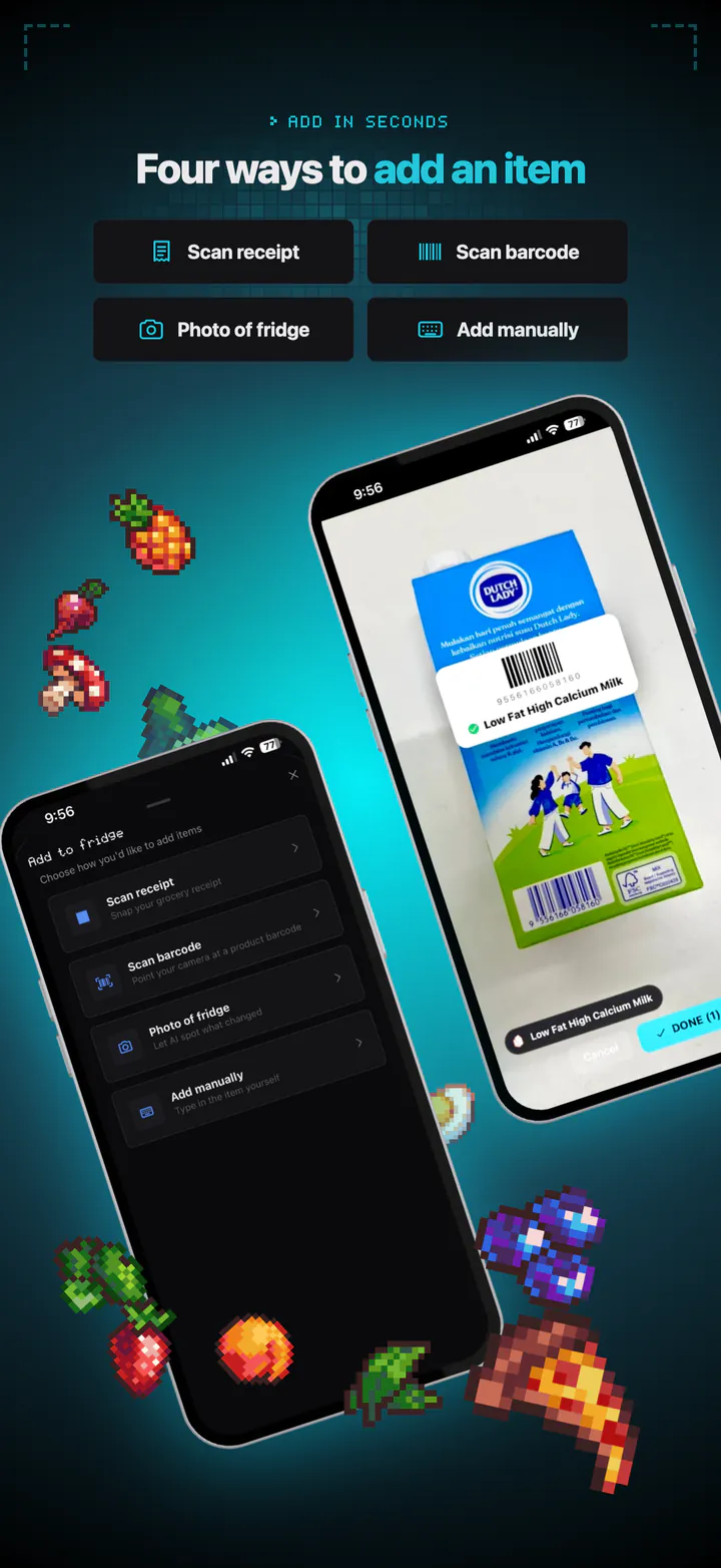 The add-item sheet next to a barcode scan recognising a carton of milk.