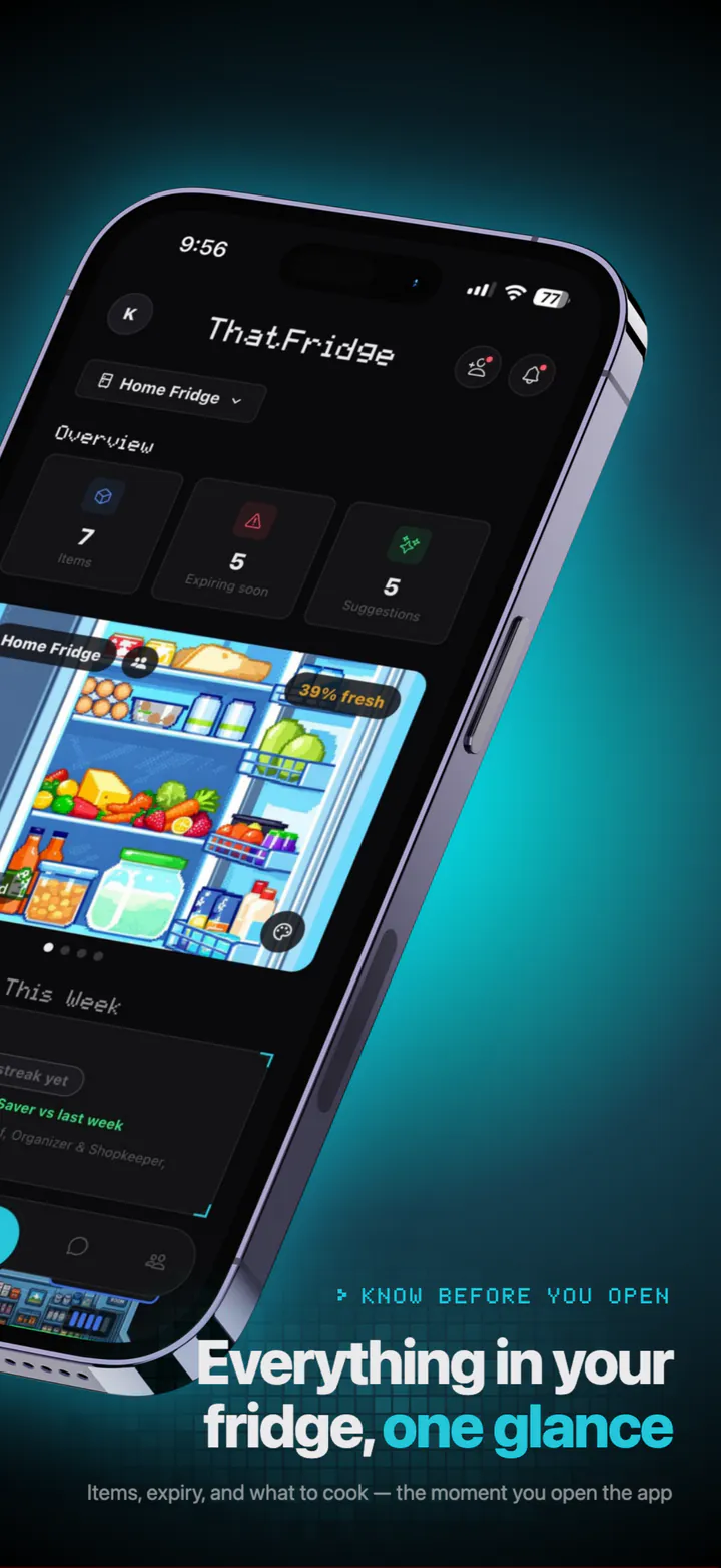 ThatFridge home screen: a pixel-art fridge with 7 items, 5 expiring soon and 5 suggestions.